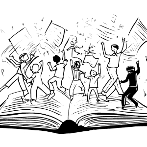 Youths dancing on an open book