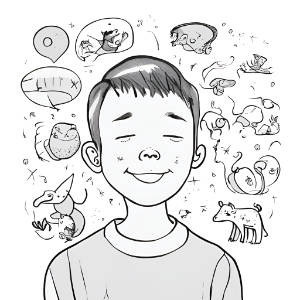 A boy happily using his imagination